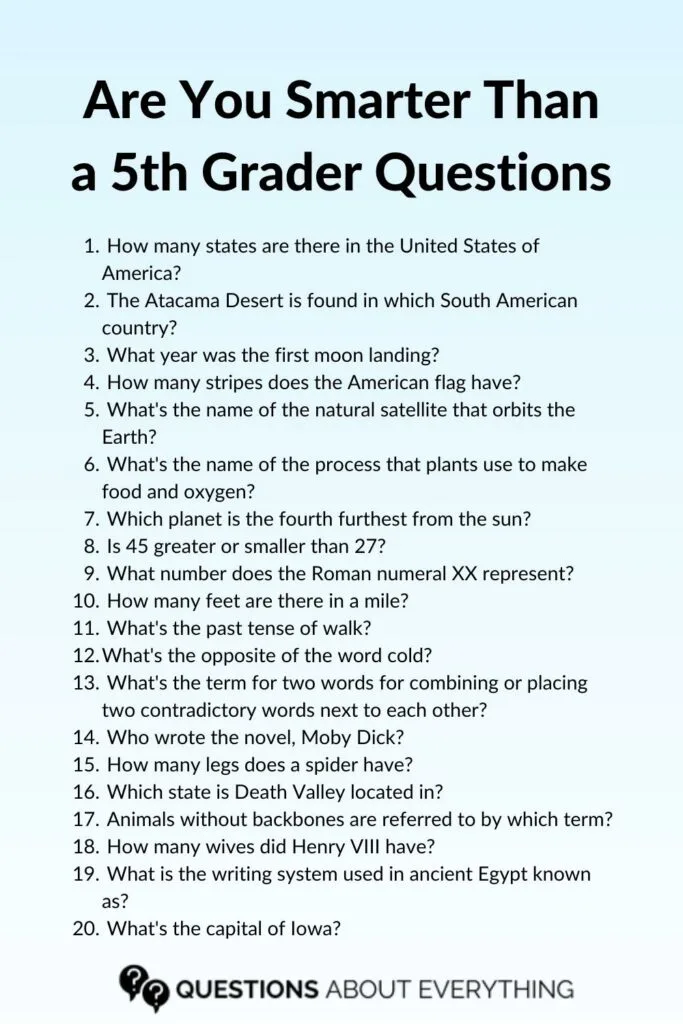 list of 20 are you smarter than a 5th grader questions