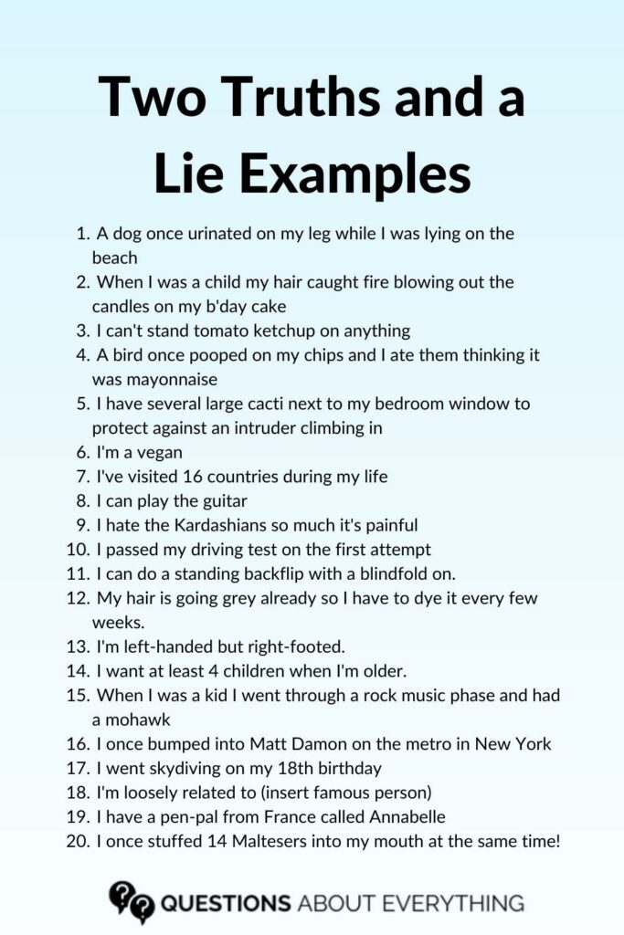 list of 20 two truths and a lie questions