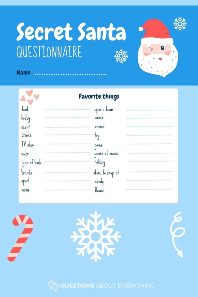 list of 20 favorite things to fill out on a secret santa questionnaire
